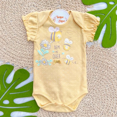 Kit 3 Peças - Bodys Manga Curta Bem Me Quer Abelhas - Amarelo, Off White e Mostarda